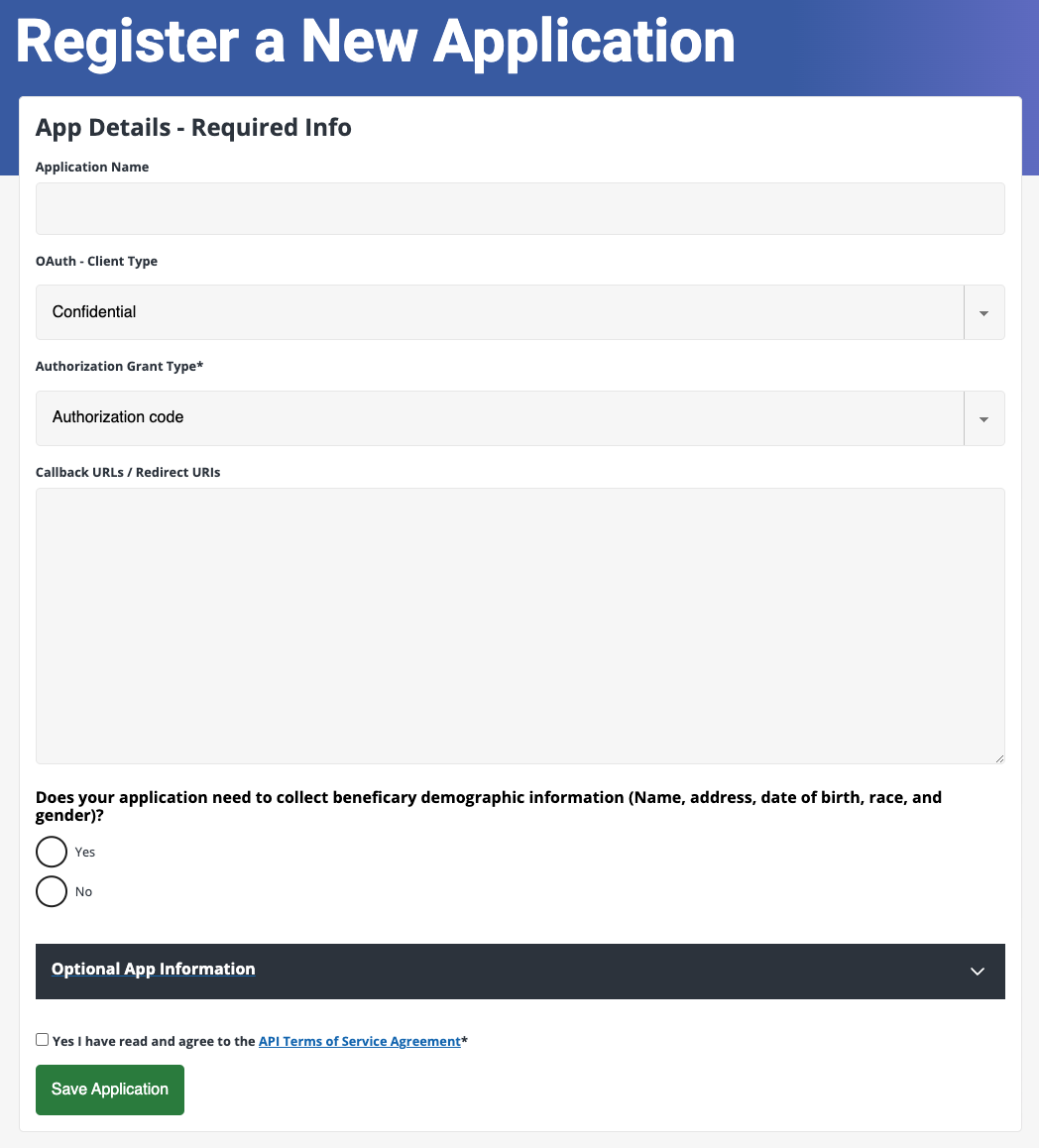 New application registration screen