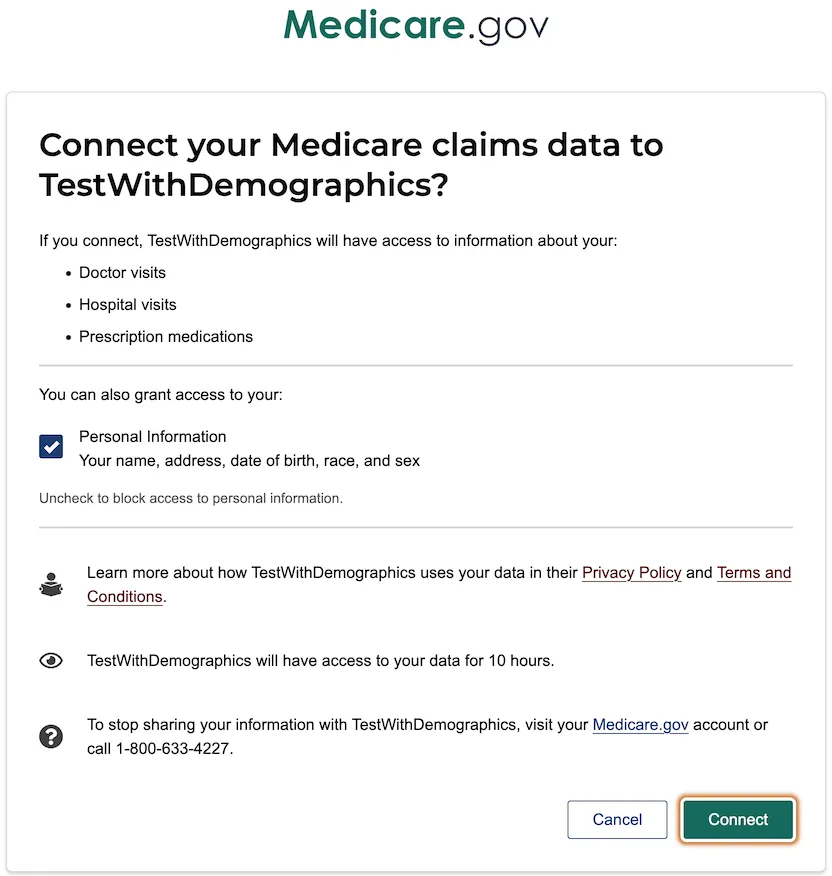 Authorization screen with demographic info option