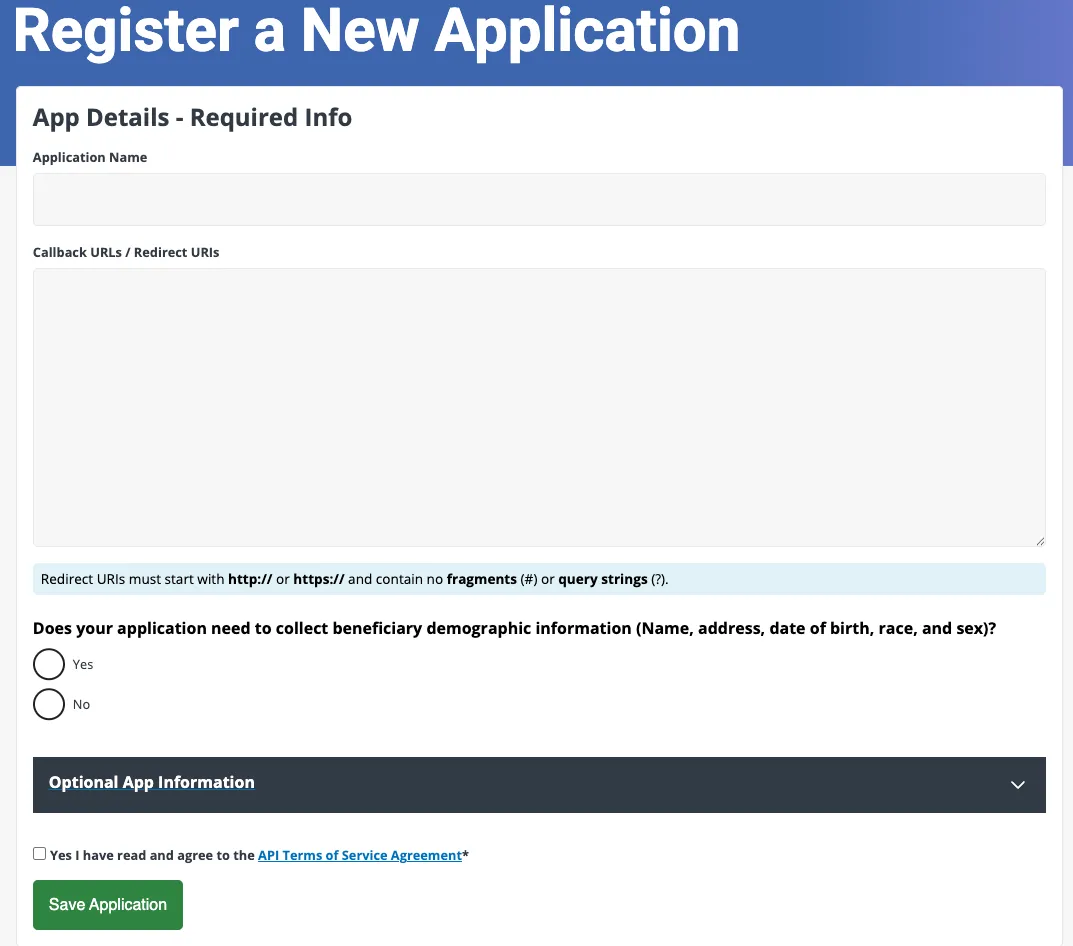 New application registration screen